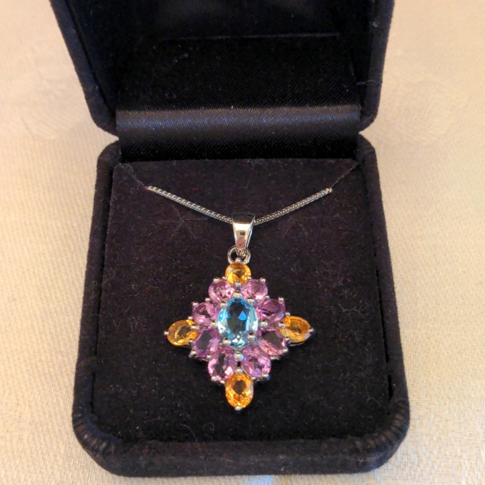 New Multi gemstone pendant. sterling  20" chain .Blue topaz, citrine, amethyst.